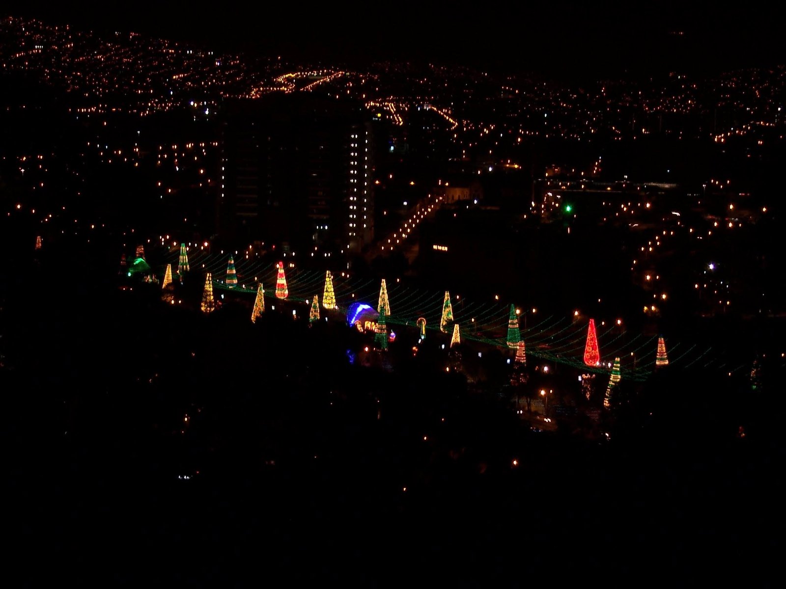 A nighttime view of a city with illuminated Christmas trees and scattered lights.