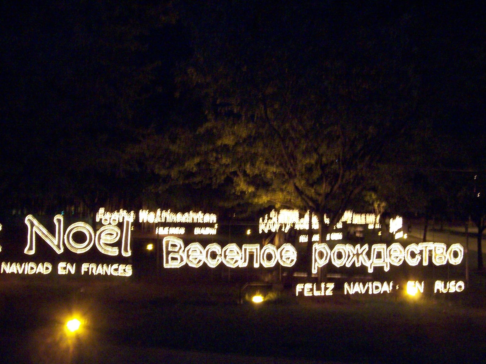 Illuminated Christmas greetings in multiple languages displayed on a fence at night.