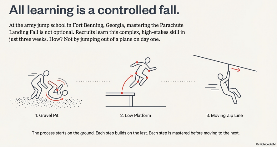Mastering the parachute landing fall at the army jump school.