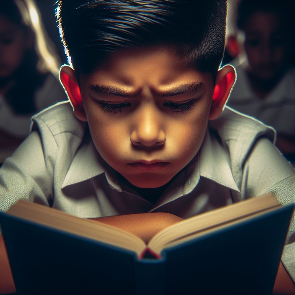 a boy struggling to read a book