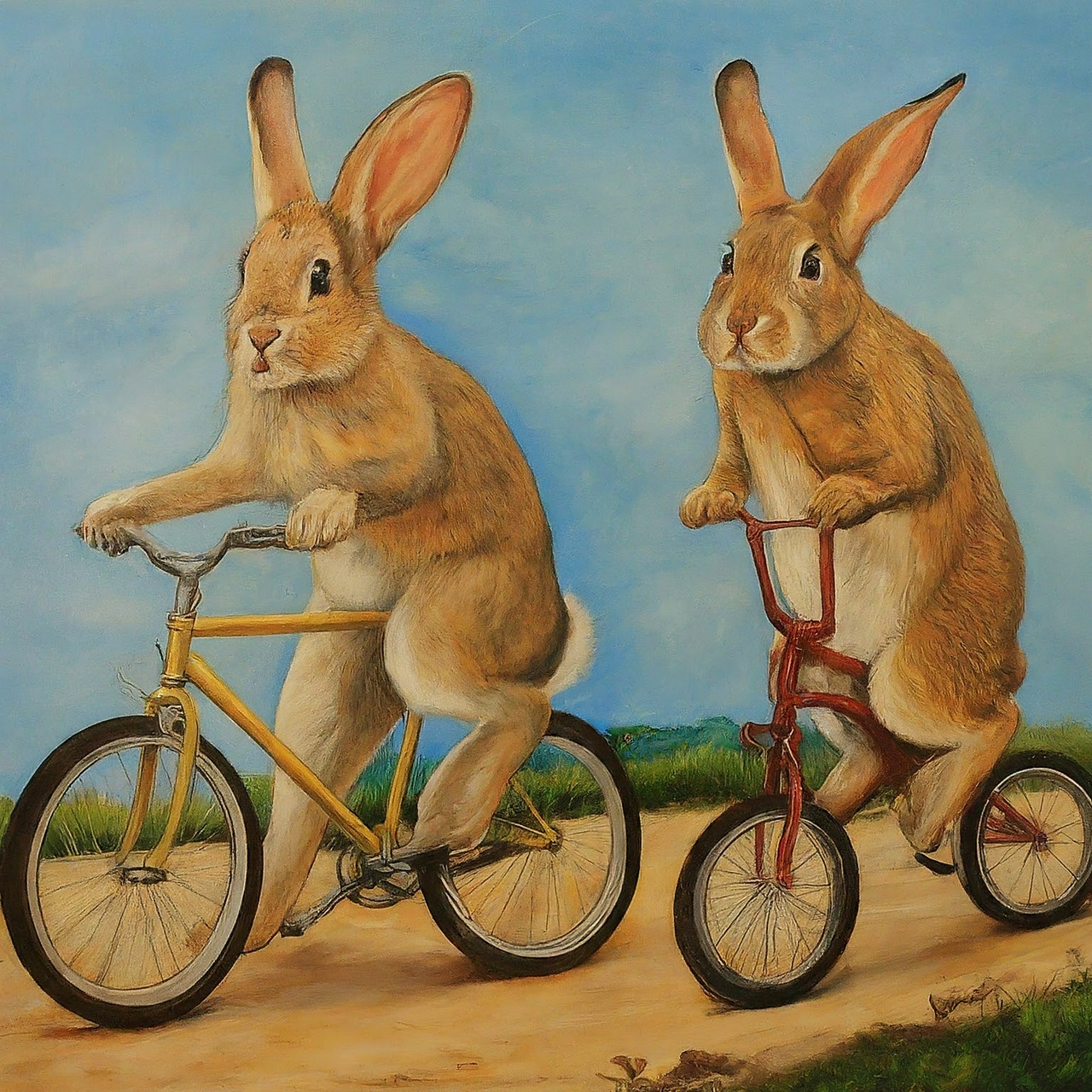 Novice bunny and expert bunny on bikes