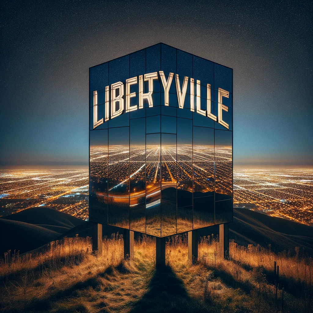 an image from behind the looming silhouette of the word, "Libertyville" astride a hillside overlooking a city at night.